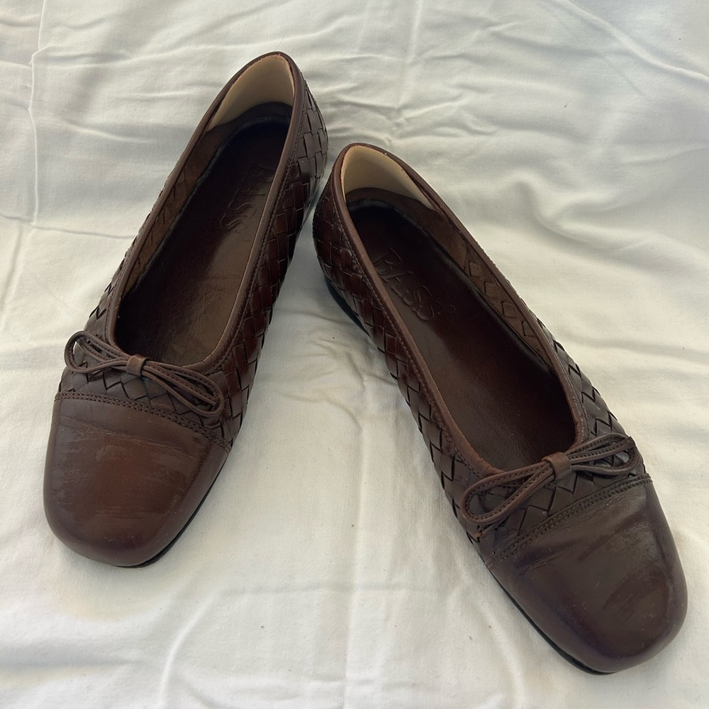 Vintage Bass Brown Leather Basketweave Woven Square Toe Ballet Flats